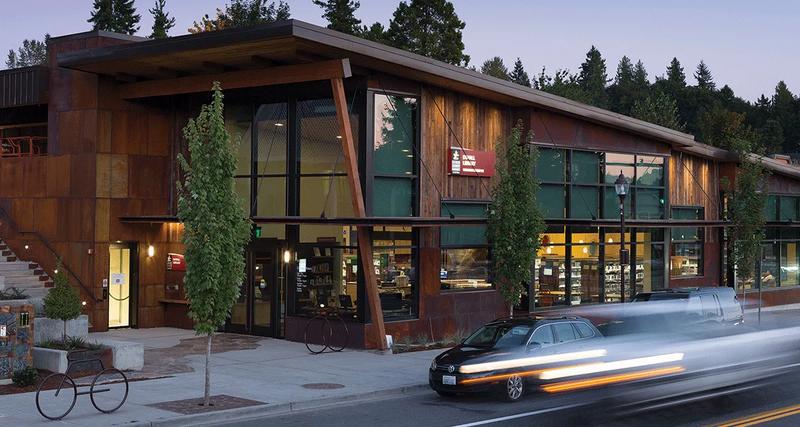Duvall Library, a wood and glass building with a deep roof and a covered entry.
