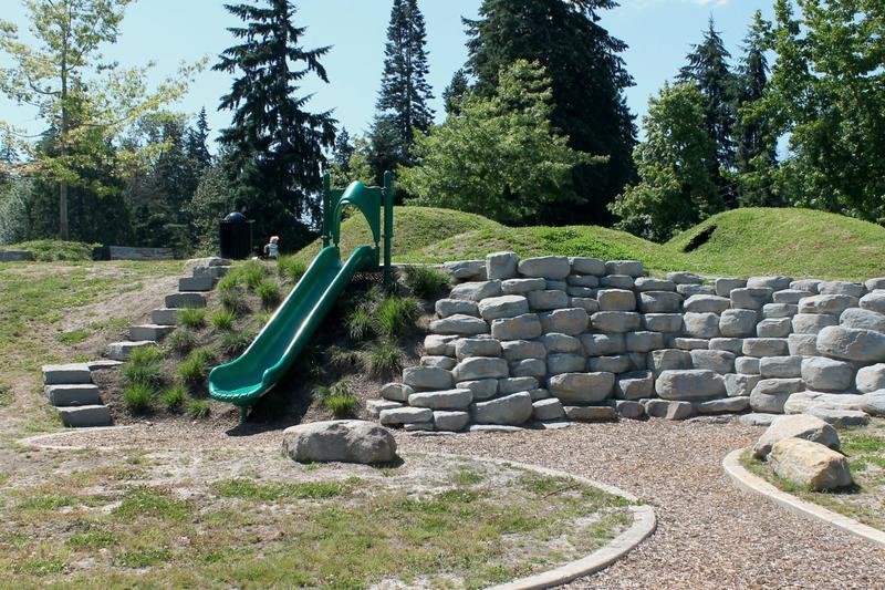 Hillside slide at the nature playground in Big Rock Park North in Sammamish.