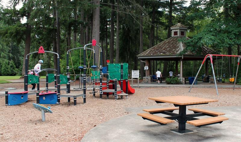 Play structure with green roofs at Ebright Creek Park in Sammamish.
