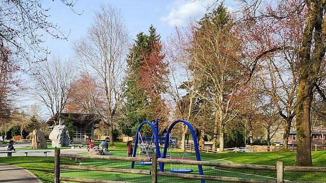 Play structure and swings at Grass Lawn Park in Redmond.