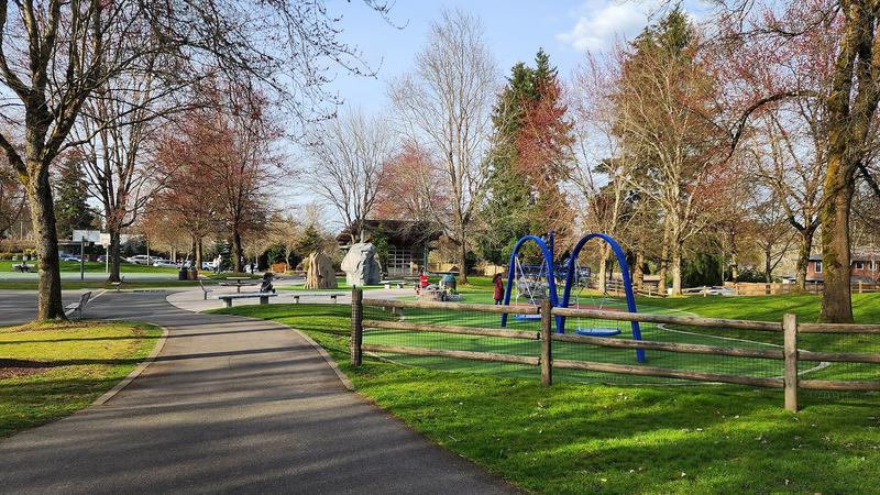 Play structure and swings at Grass Lawn Park in Redmond, with trees behind the equipment.