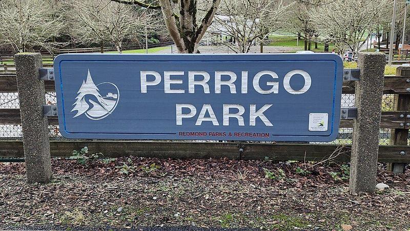 Empty play structure with green and orange panels at Perrigo Park in Redmond.