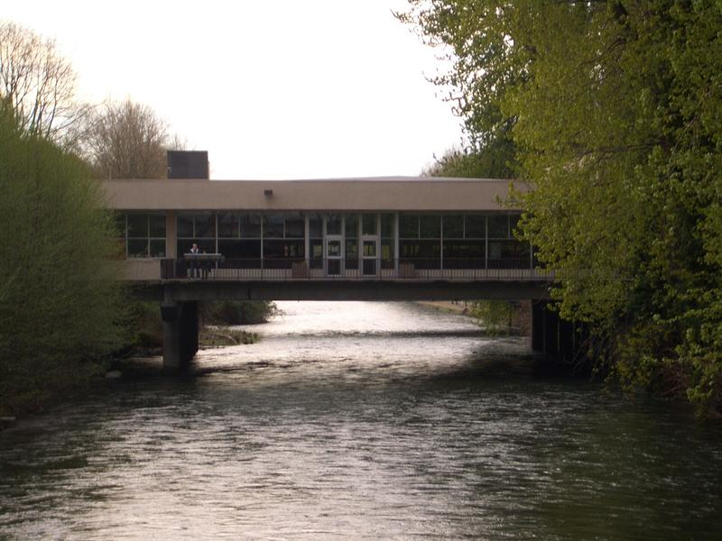 Renton Library, a modern building spanning the Cedar River.