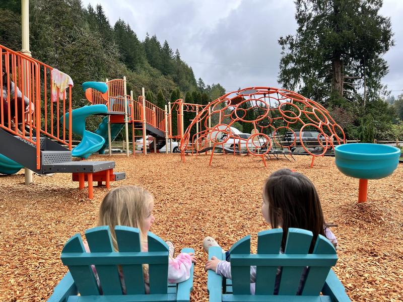 Play structure with a yellow roof at River's Edge Park in Carnation, with chairs and a picnic shelter nearby.