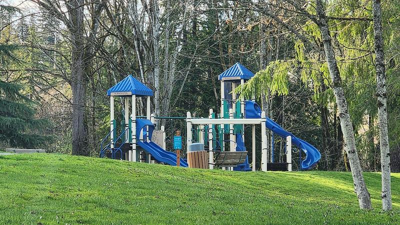 Wooden play structure with a slide and climbing wall at Willows Creek Park in Redmond.
