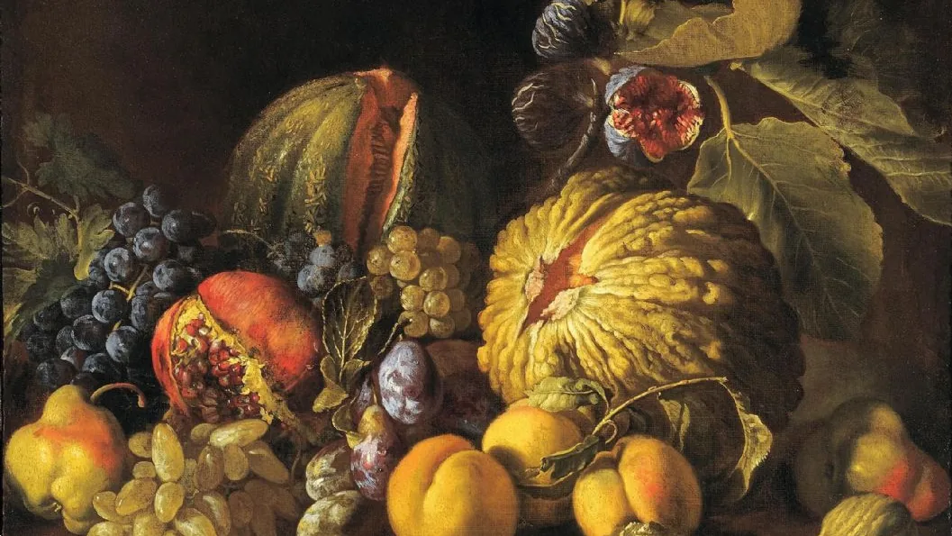 A still-life painting of a pumpkin with grapes and pears.
