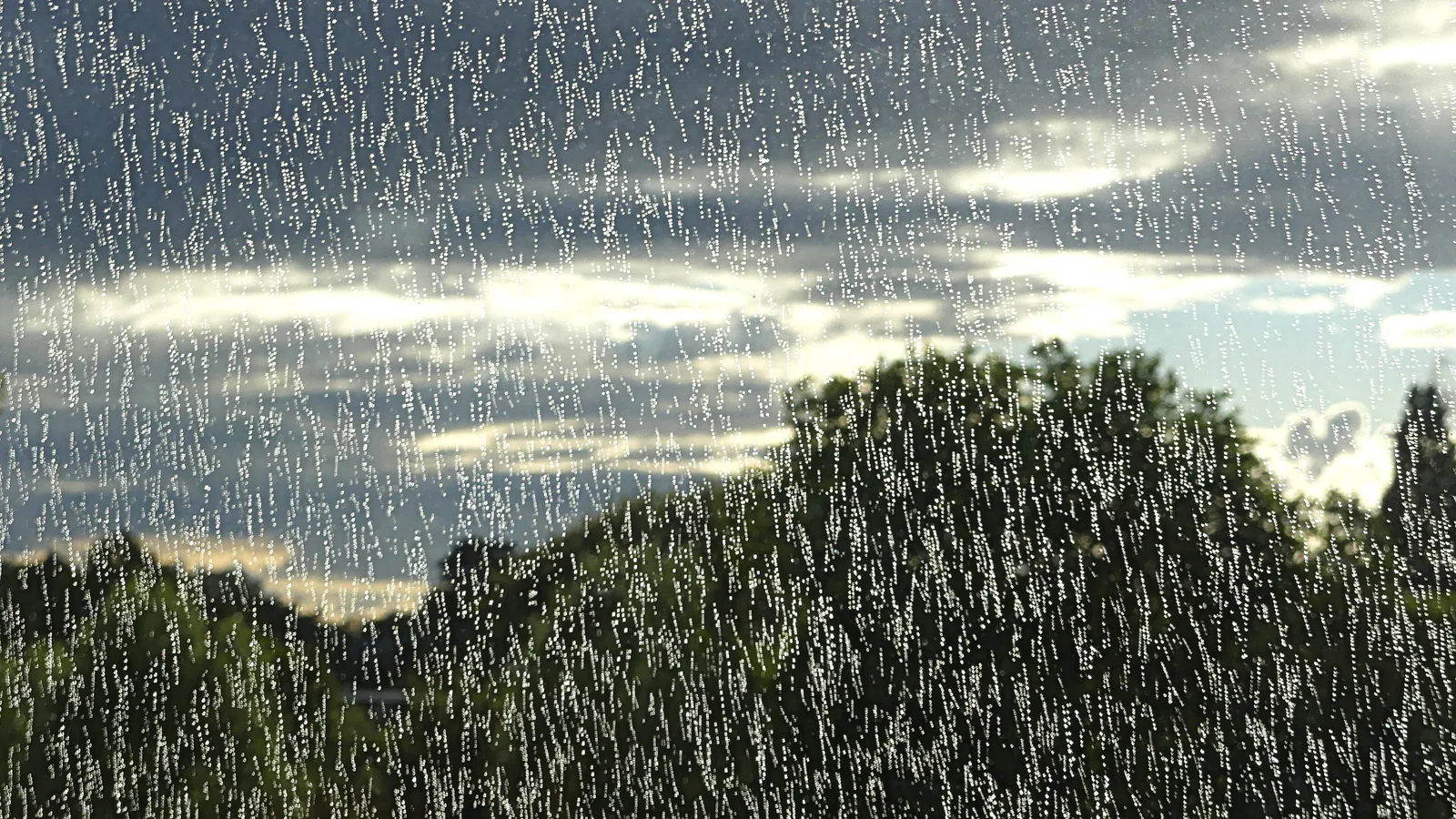 Rain on a window, with a soft view beyond the glass.
