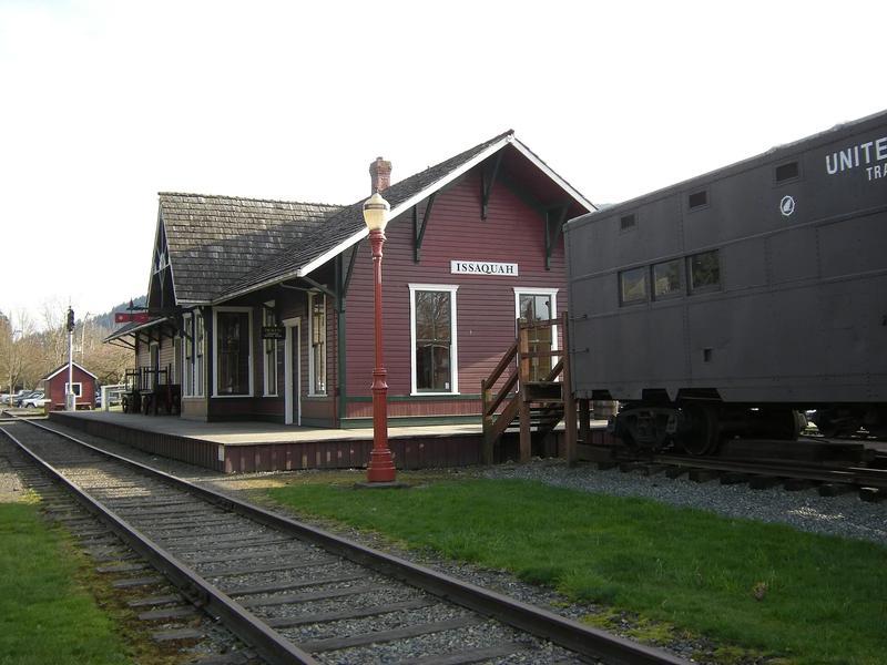 The historic Issaquah Depot, a wooden train station with a gabled roof and a platform.