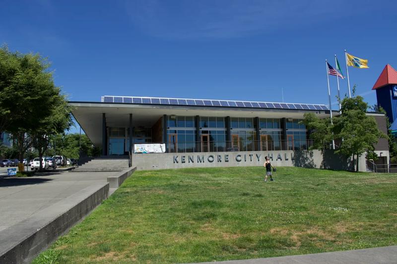 Kenmore City Hall, a modern building with a glass front and a covered entry.