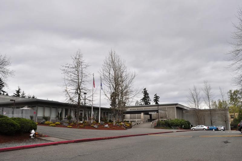 The Stroum Jewish Community Center on Mercer Island, a brick building with a curved roof.