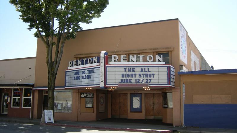 The front of Renton Civic Theatre, with the marquee over the entrance.