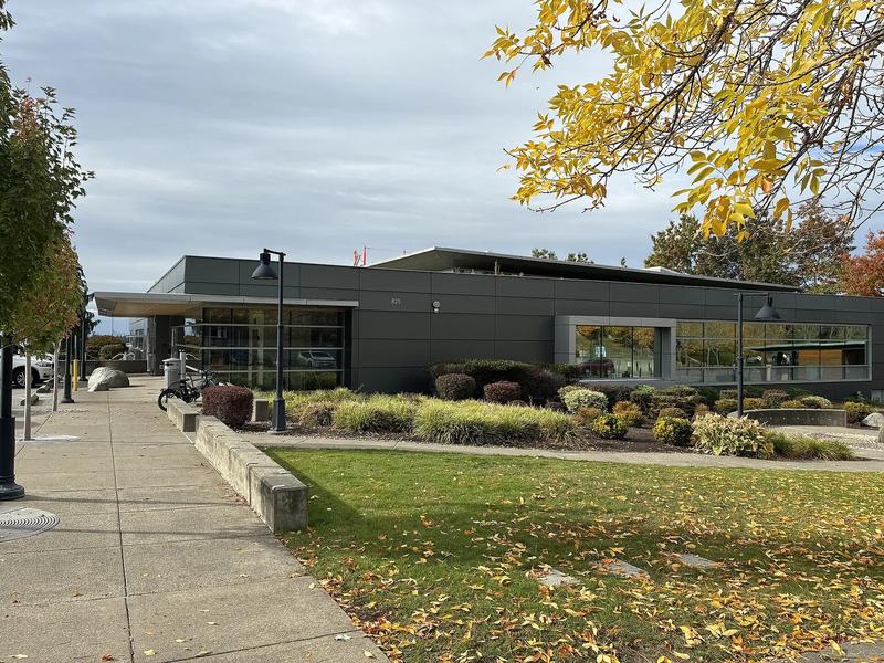 Sammamish Library, a modern building with a glass and wood front and a covered walkway.