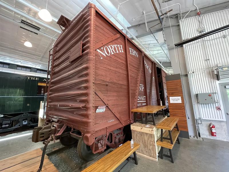 Historic rail cars inside the Train Shed Exhibit Hall at the Northwest Railway Museum in Snoqualmie.
