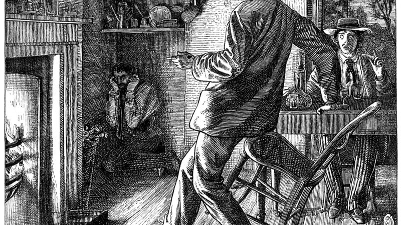 A moonlit painting of a house with a pale figure in the doorway.