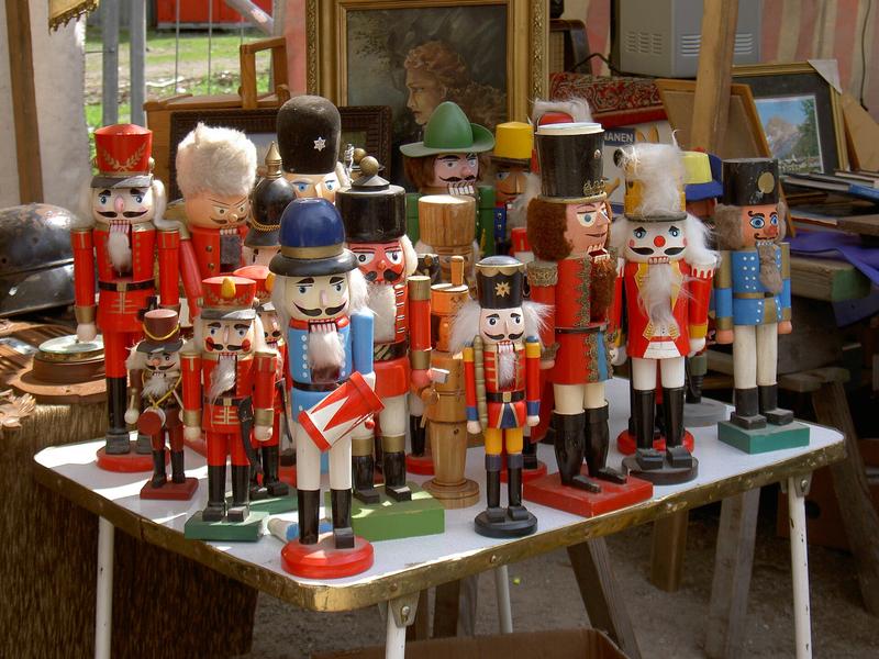 A row of painted nutcracker soldiers.