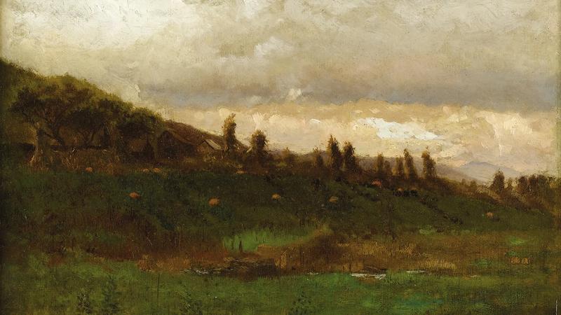 A painting of pumpkins in a field.