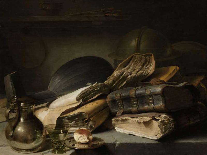 A painting of a stack of old books on a table.
