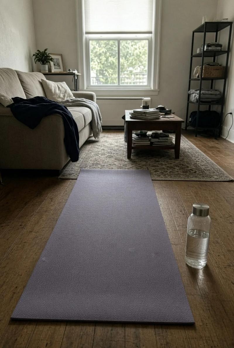 A rolled yoga mat and a water bottle on a living room floor.